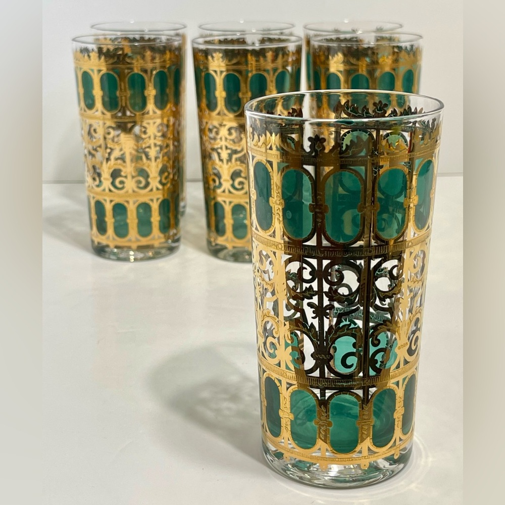 MCM Culver Emerald Green 22 Karat Gold Scroll Highball Tumblers Glasses Set Of 7